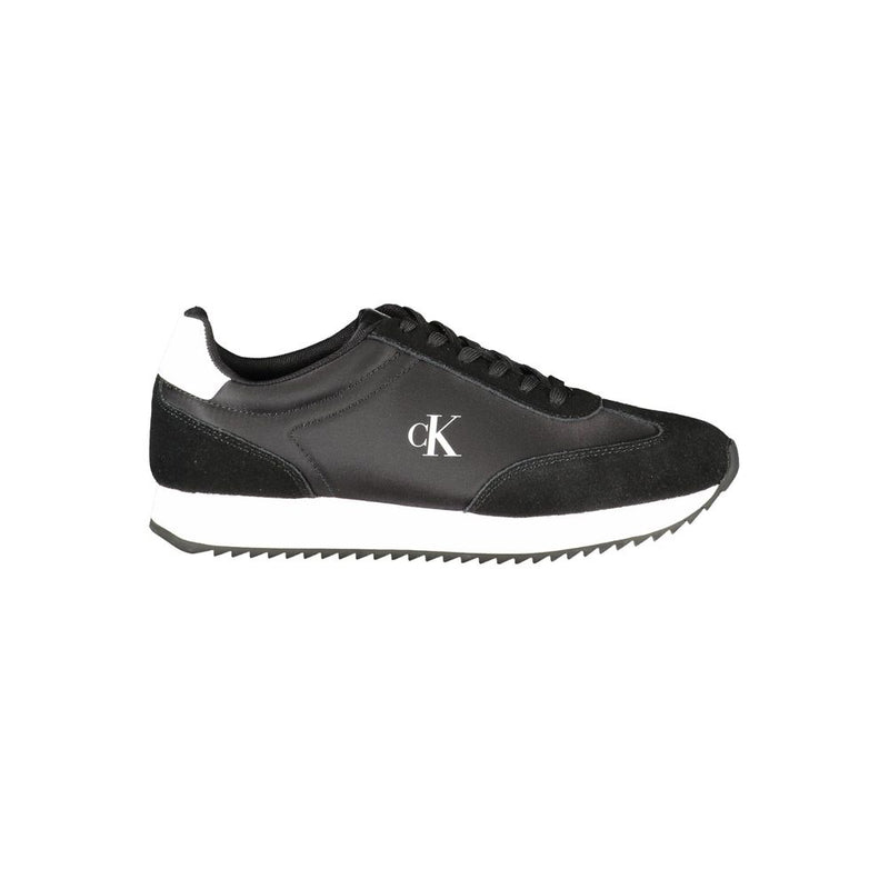 Calvin Klein black leather and suede lace-up sneaker for women with a white sole and logo detail.