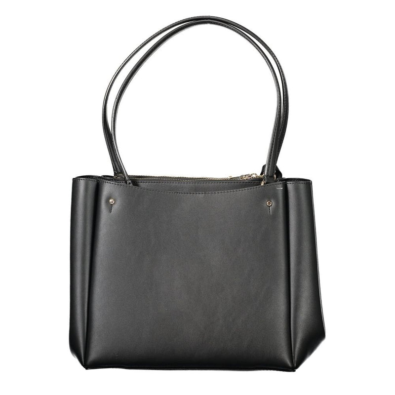 Black polyurethane structured women's shoulder bag with dual top handles and gold hardware