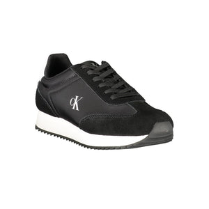 Calvin Klein black leather and suede women’s sneaker with white midsole and side CK logo.