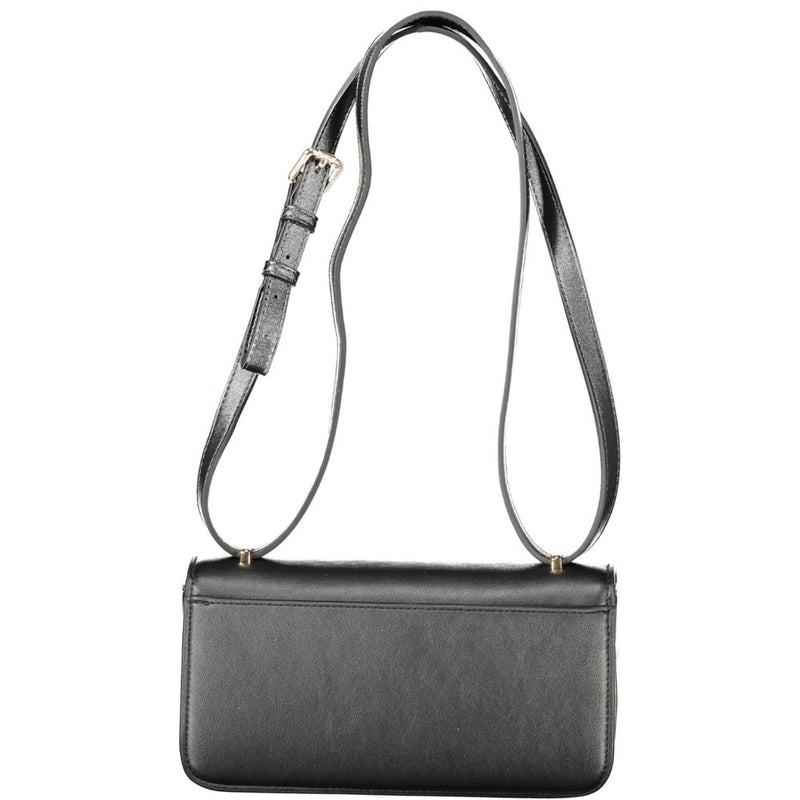 Black polyurethane women's shoulder bag with an adjustable strap