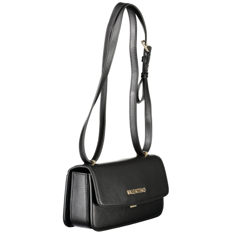 Black polyurethane women's crossbody bag with long strap and gold logo
