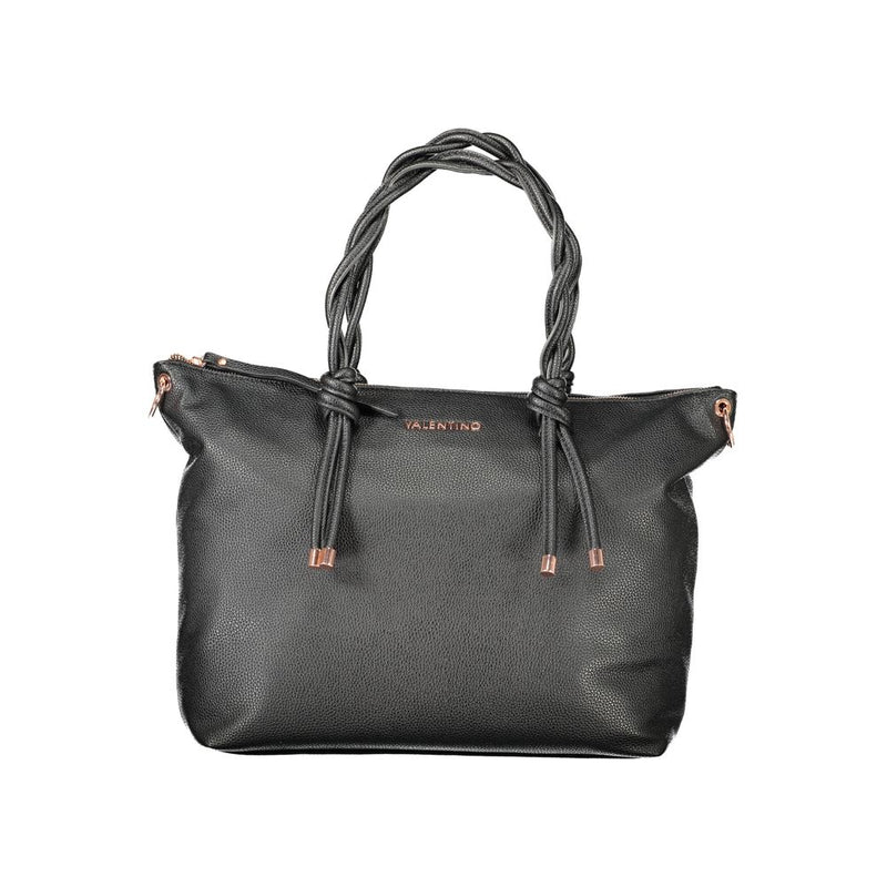 Black polyurethane women's tote bag with braided handles and rose gold hardware
