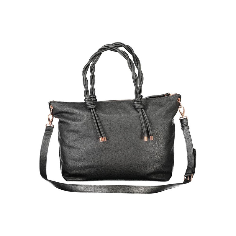 Black polyurethane women's tote bag with braided handles and a removable shoulder strap