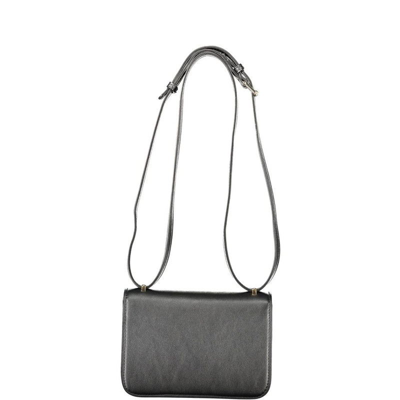 Black polyurethane women's crossbody bag with a long thin strap
