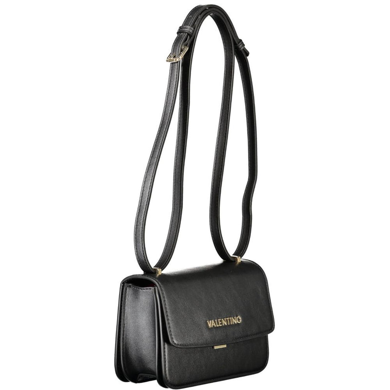 Black polyurethane women's crossbody bag with a flap and long strap