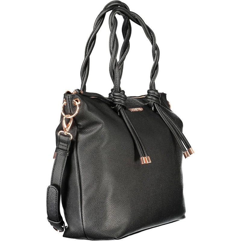 Black polyurethane women's shoulder bag with braided straps and rose gold hardware