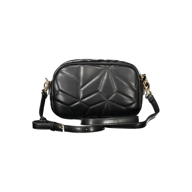 Black polyurethane women's crossbody bag with quilted geometric pattern and strap
