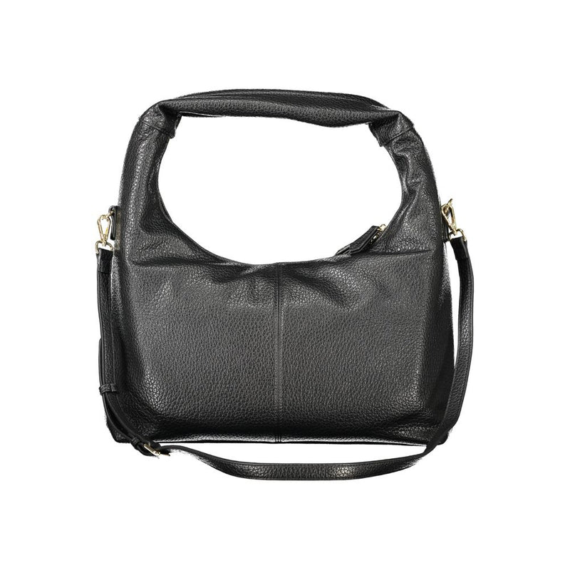 Black polyurethane hobo shoulder bag with a pebbled texture and top handle