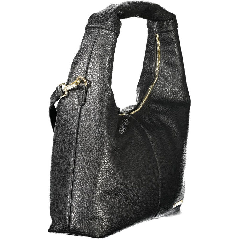 Black textured polyurethane hobo bag with a single shoulder strap and gold zipper
