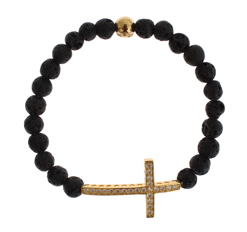Black lava stone bead bracelet with a gold-plated clear crystal cross charm