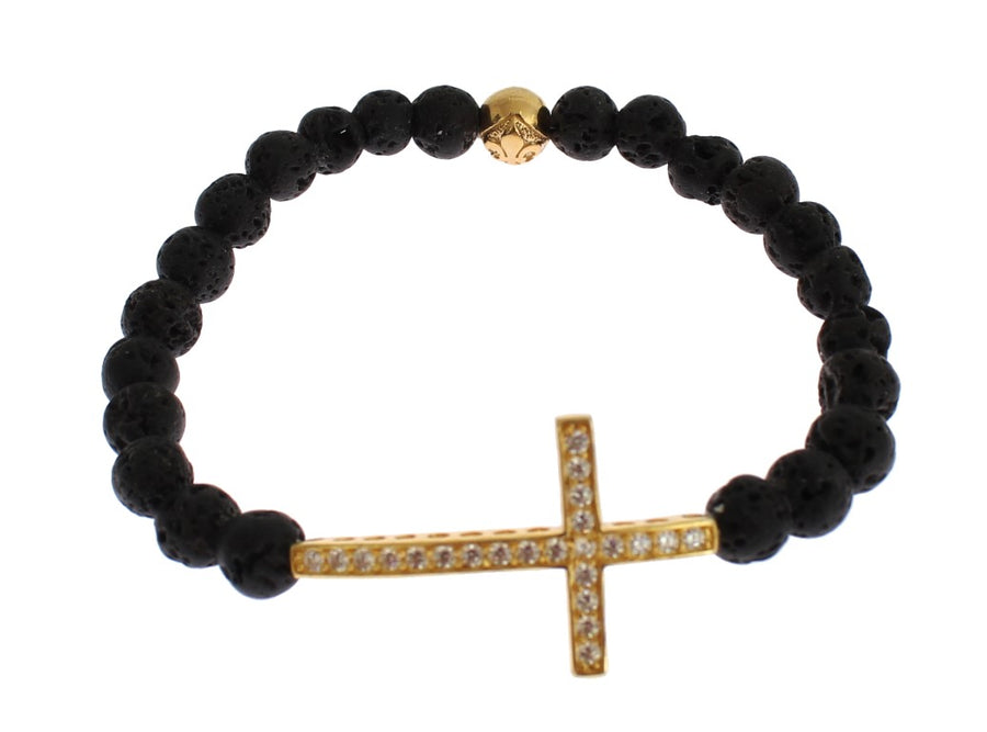 Black lava stone bead bracelet with a gold-plated clear crystal cross charm