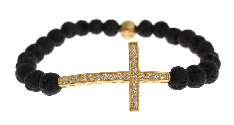 Black lava stone bead bracelet featuring a gold-plated silver cross charm with clear cubic zirconia stones