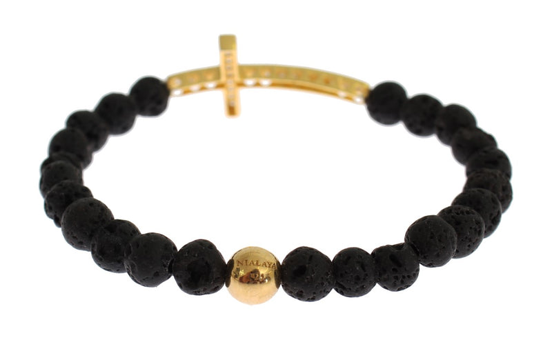 Black lava stone beaded bracelet with a gold-plated silver cross and a gold bead inscribed with the brand name