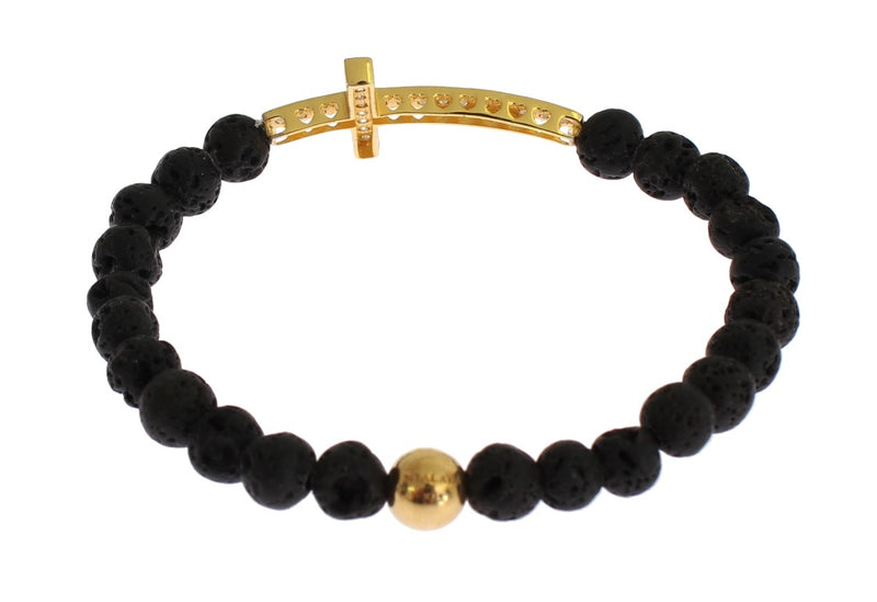 Black lava stone beaded bracelet with a gold-plated cross and a single gold bead