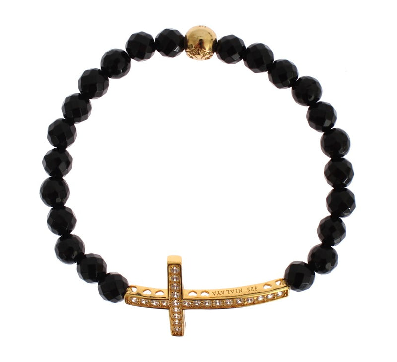 Black faceted agate bead bracelet with a gold CZ cross charm