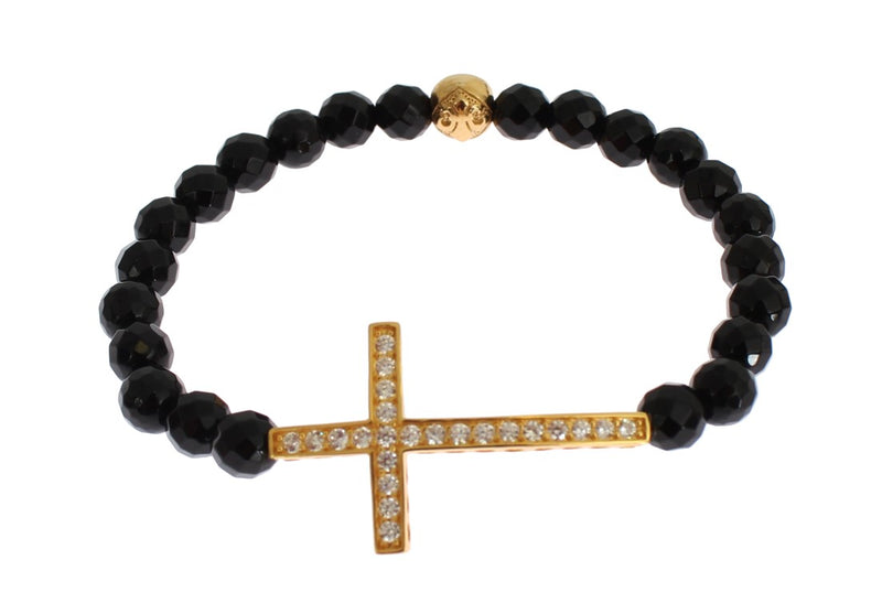 Black faceted agate stone beaded bracelet with gold crystal-pave cross charm
