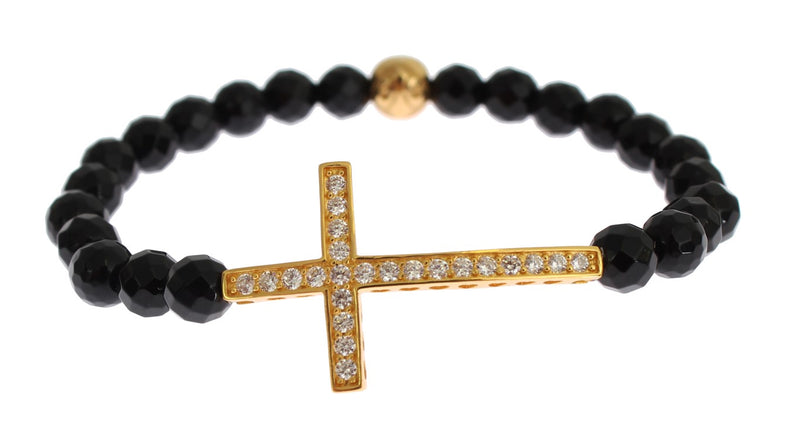 Black faceted bead stretch bracelet with a gold CZ cross centerpiece