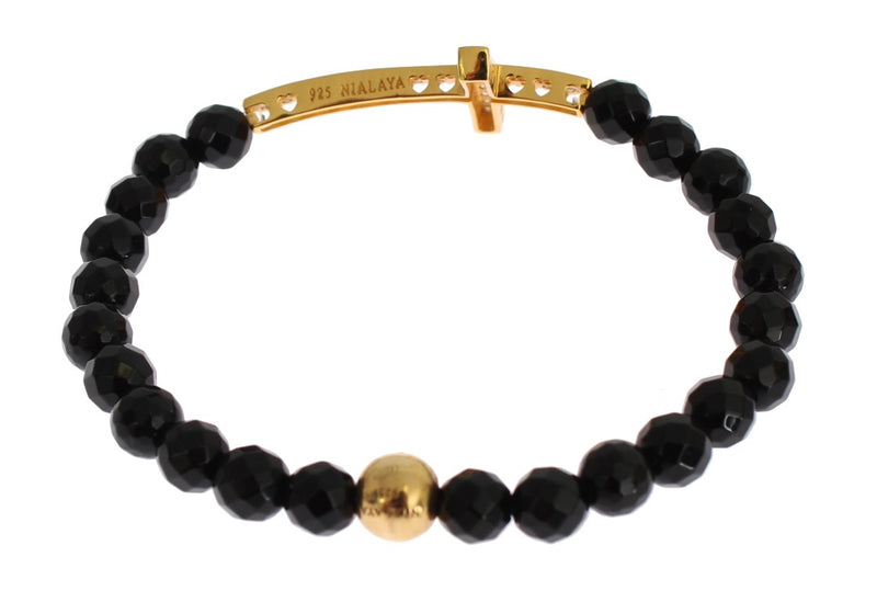 Black beaded stretch bracelet with faceted agate stones, featuring a gold cross pendant and a central gold bead