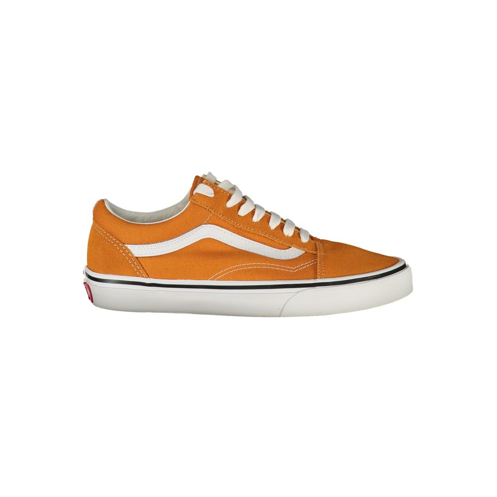 Female model wearing Vans arancione orange polyester women's sneakers with a vibrant orange upper, iconic Vans side stripe, and classic vulcanized sole, captured mid-step in a casual lifestyle pose showcasing the sneaker's bold color and timeless street style.