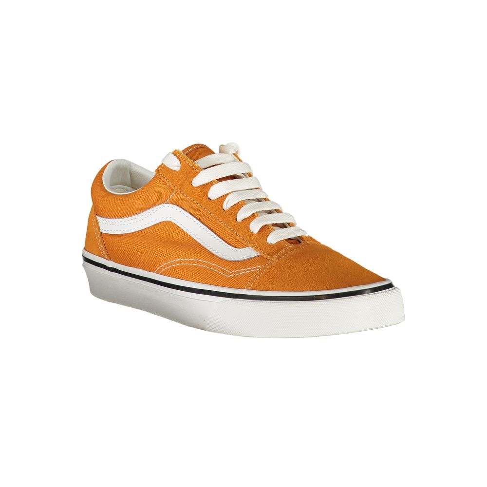 Female model wearing Vans arancione orange polyester women's sneakers with a vibrant orange upper, iconic Vans side stripe, and classic vulcanized sole, captured mid-step in a casual lifestyle pose showcasing the sneaker's bold color and timeless street style.