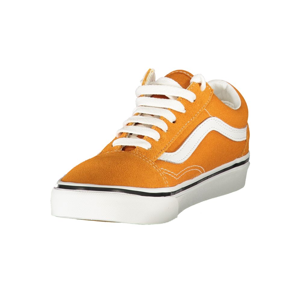 Female model wearing Vans arancione orange polyester women's sneakers with a vibrant orange upper, iconic Vans side stripe, and classic vulcanized sole, captured mid-step in a casual lifestyle pose showcasing the sneaker's bold color and timeless street style.