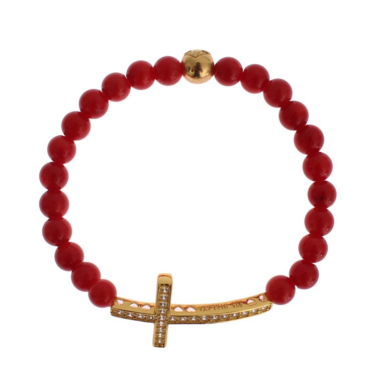 Red coral beaded bracelet with a gold CZ cross pendant on white background