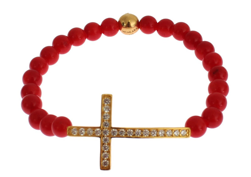Red coral beaded stretch bracelet with a gold CZ cross charm