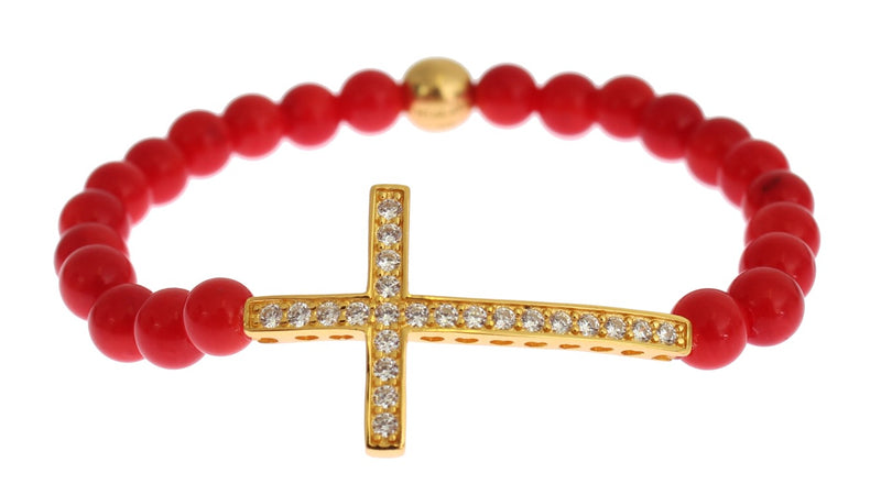Red coral bead bracelet featuring a gold cross pendant encrusted with cubic zirconia stones