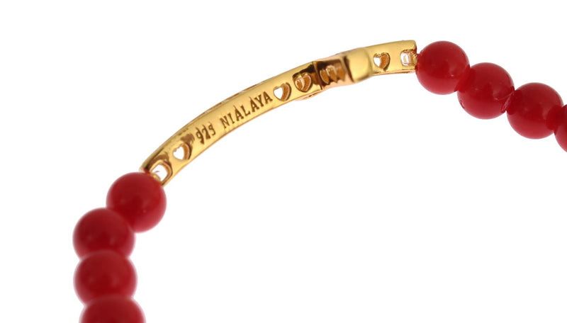 Red coral beaded bracelet with a gold-plated 925 silver element and engraved branding