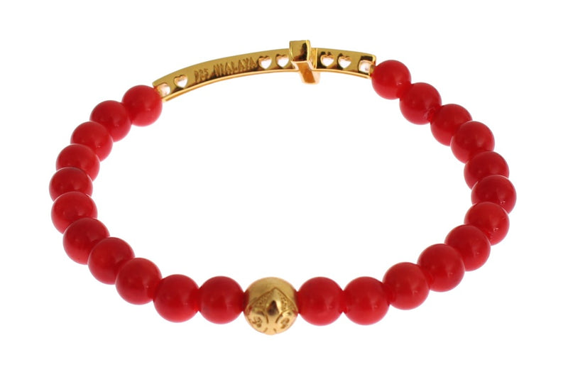 Red coral beaded bracelet with a gold-plated silver cross and center bead