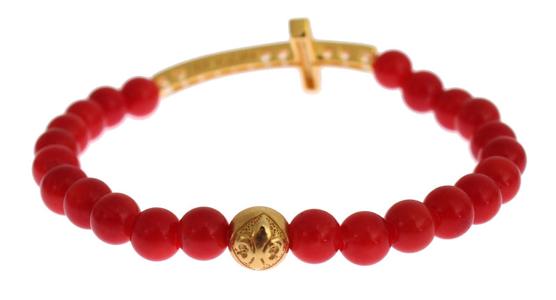Red coral beaded bracelet with a gold-plated cross and a decorative gold bead