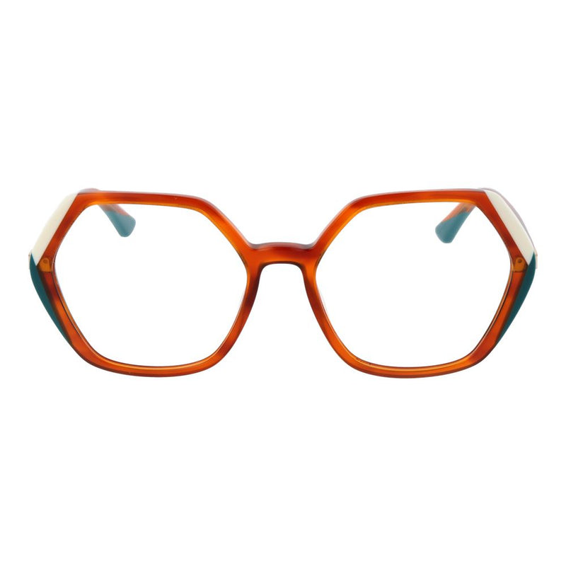 Brown geometric acetate eyeglass frames with white and teal accents