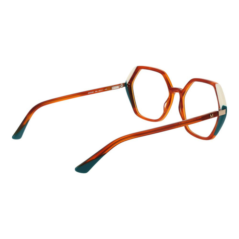 Brown hexagonal acetate glasses frames with cream and teal accents