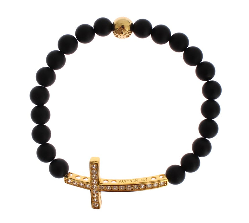 Black matte onyx bead bracelet featuring a gold-plated silver cross with cubic zirconia stones and a gold bead