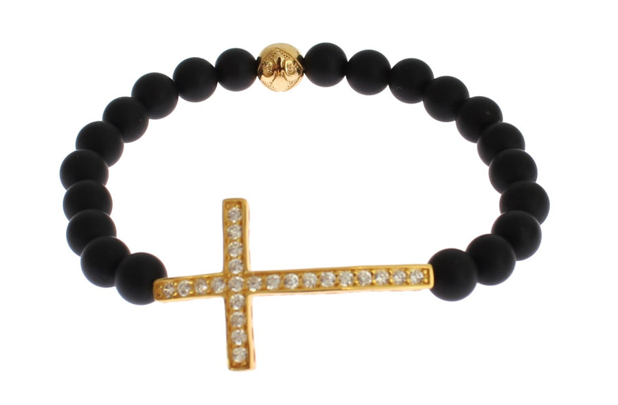 Black matte onyx bead bracelet featuring a gold-plated silver cross with cubic zirconia stones and a gold bead