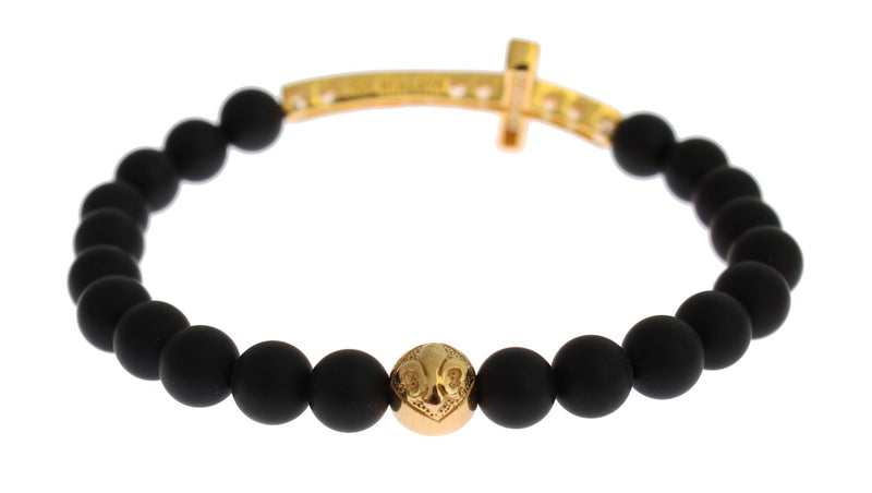 Black matte onyx stone beaded bracelet with gold cross and accent beads