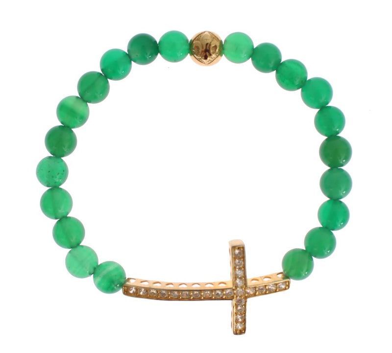 Green jade bead stretch bracelet with a gold cubic zirconia cross charm