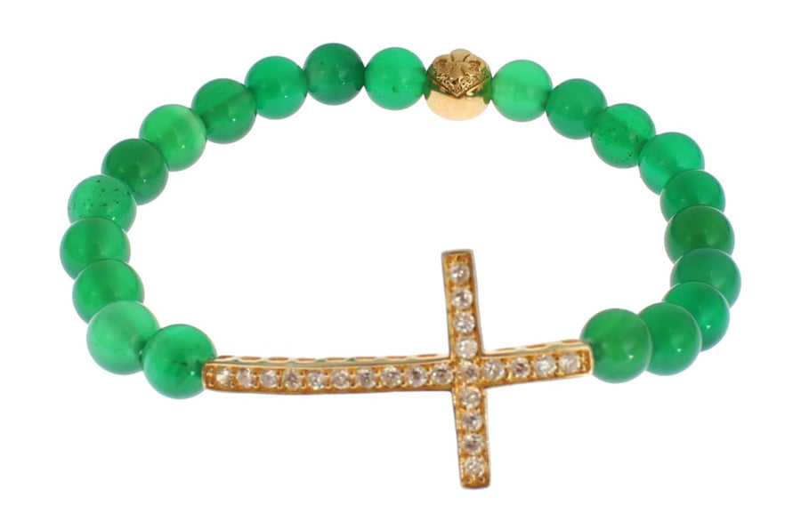 Green jade bead stretch bracelet with a gold cubic zirconia cross charm