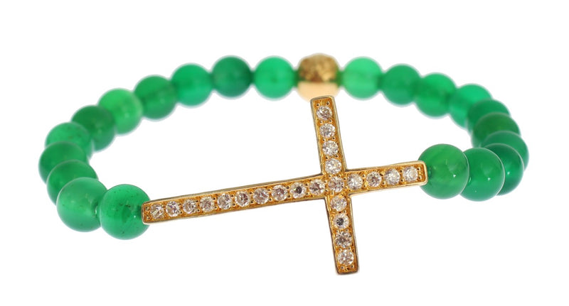 Green jade beaded stretch bracelet with a gold-plated silver cross charm set with cubic zirconia stones