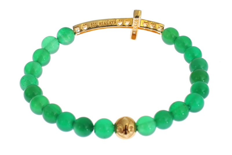 Green jade bead stretch bracelet with a gold-plated silver cross and bead charms
