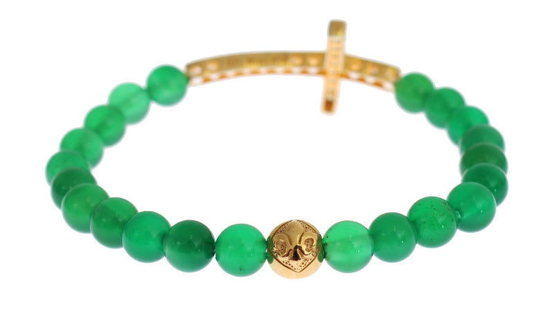 Green jade bead bracelet with a gold CZ cross and gold fleur-de-lis bead