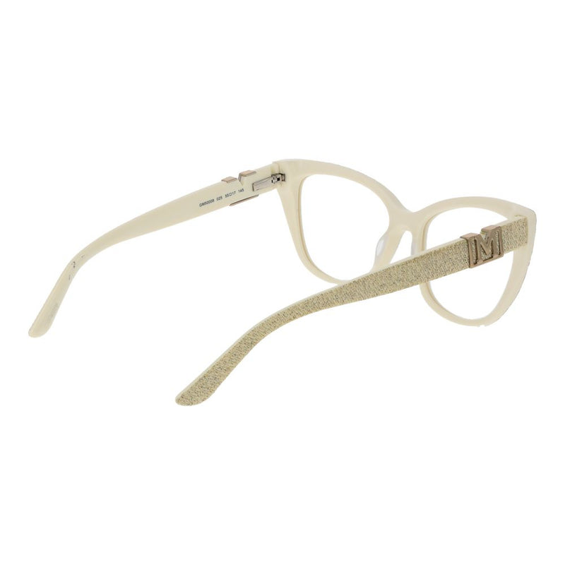 Cream cat-eye acetate eyeglass frames with gold glitter temples and an M logo