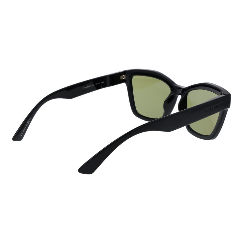 Black thick-frame sunglasses with green tinted lenses