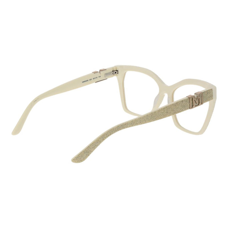 Off-white and gold glitter cat-eye acetate eyeglasses frames with an M logo on the temple