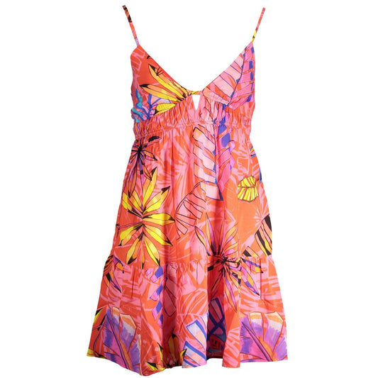 Red sleeveless polyester slip dress featuring a vibrant tropical leaf print, V-neckline, and a tiered flared skirt