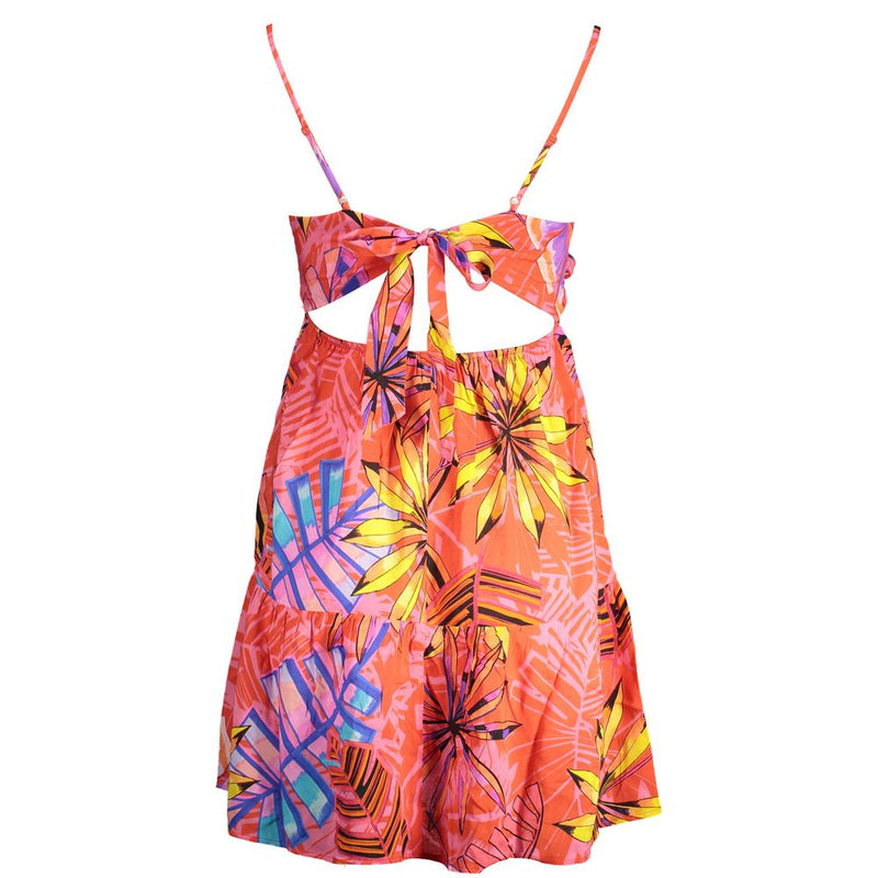 Red polyester sleeveless mini dress with tropical leaf pattern and back tie closure