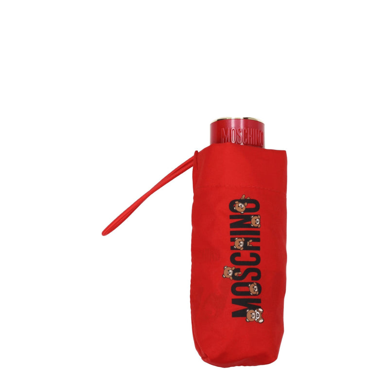 Red polyester Moschino folding umbrella with a black bear logo and wrist strap