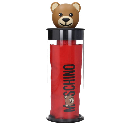 Moschino red polyester compact umbrella in a clear case with a brown teddy bear handle