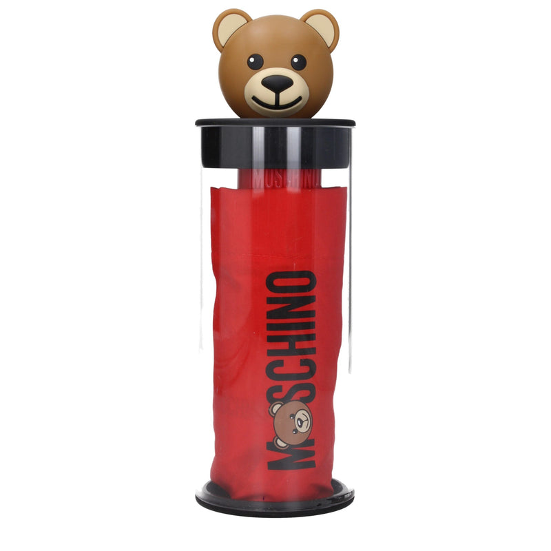 Moschino red polyester compact umbrella in a clear case with a brown teddy bear handle