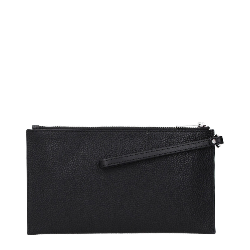 Black pebbled leather clutch bag with a wrist strap and silver zipper